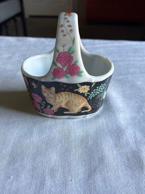 Floral Cat Double Dish Ceramic Serving Bowl in Black and Pink